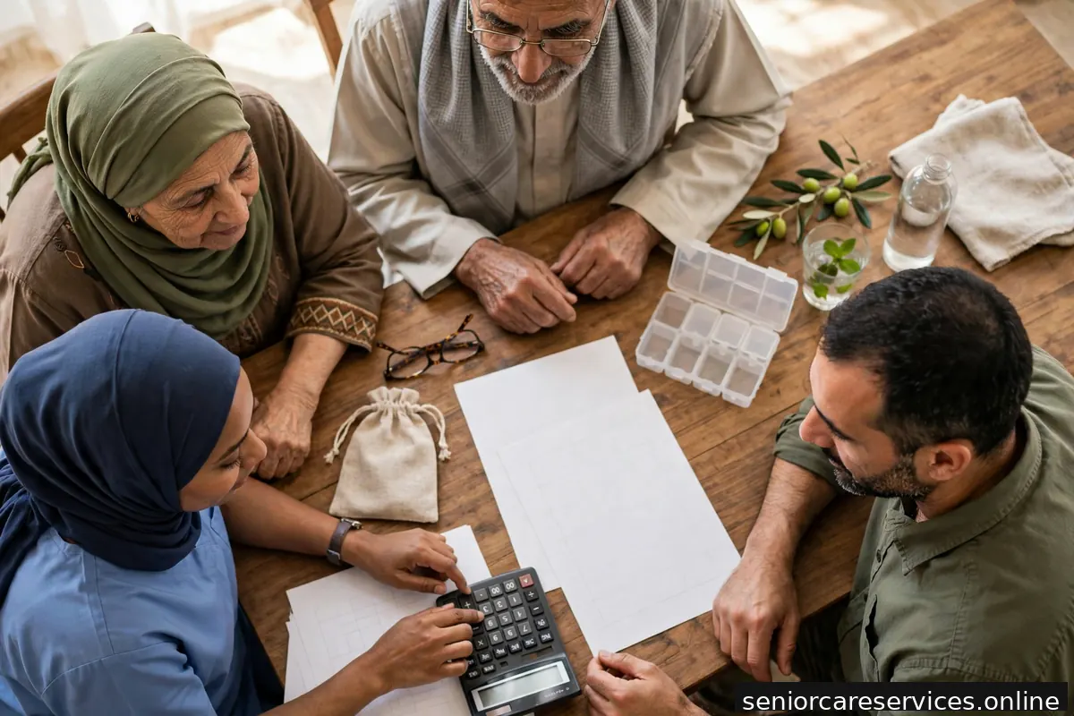 أوراق ميزانية وآلة حاسبة على طاولة حول موضوع تكاليف رعاية كبار السن.