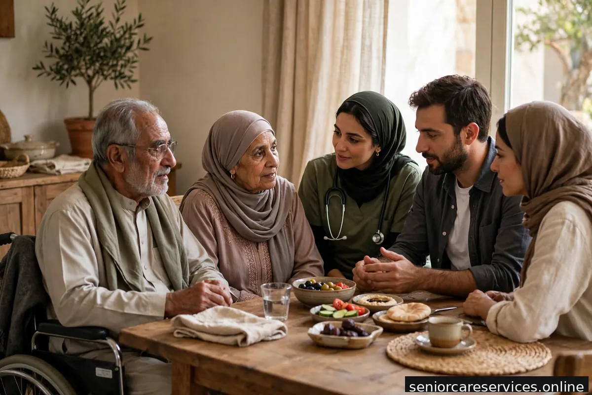 عائلة عربية تجلس حول طاولة وتناقش أمور الرعاية مع والدهم المسن.