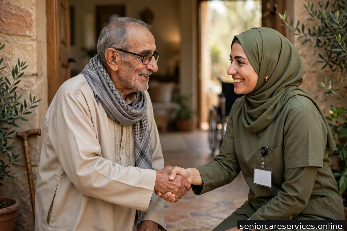 رجل مسن يصافح مقدم رعاية مبتسماً في لقاء تعارفي ودود.