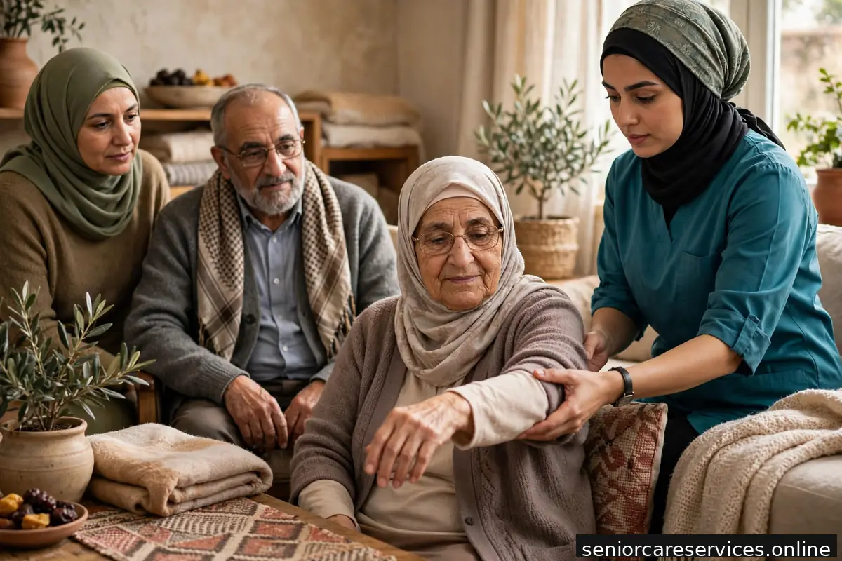 أخصائية علاج طبيعي توجه سيدة مسنة في تمرين للذراع في بيتها.