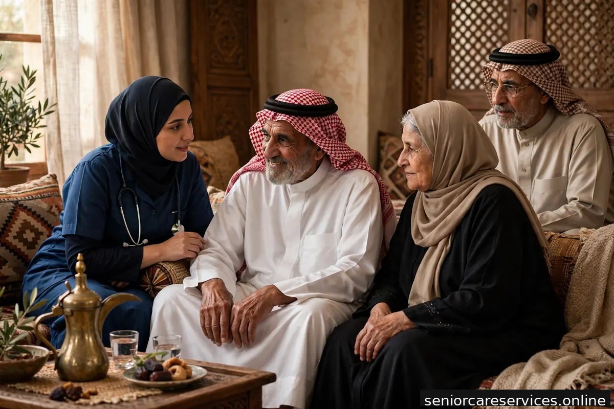 عائلة سعودية مجتمعة في مجلس مع الجد المسن في أجواء دافئة.