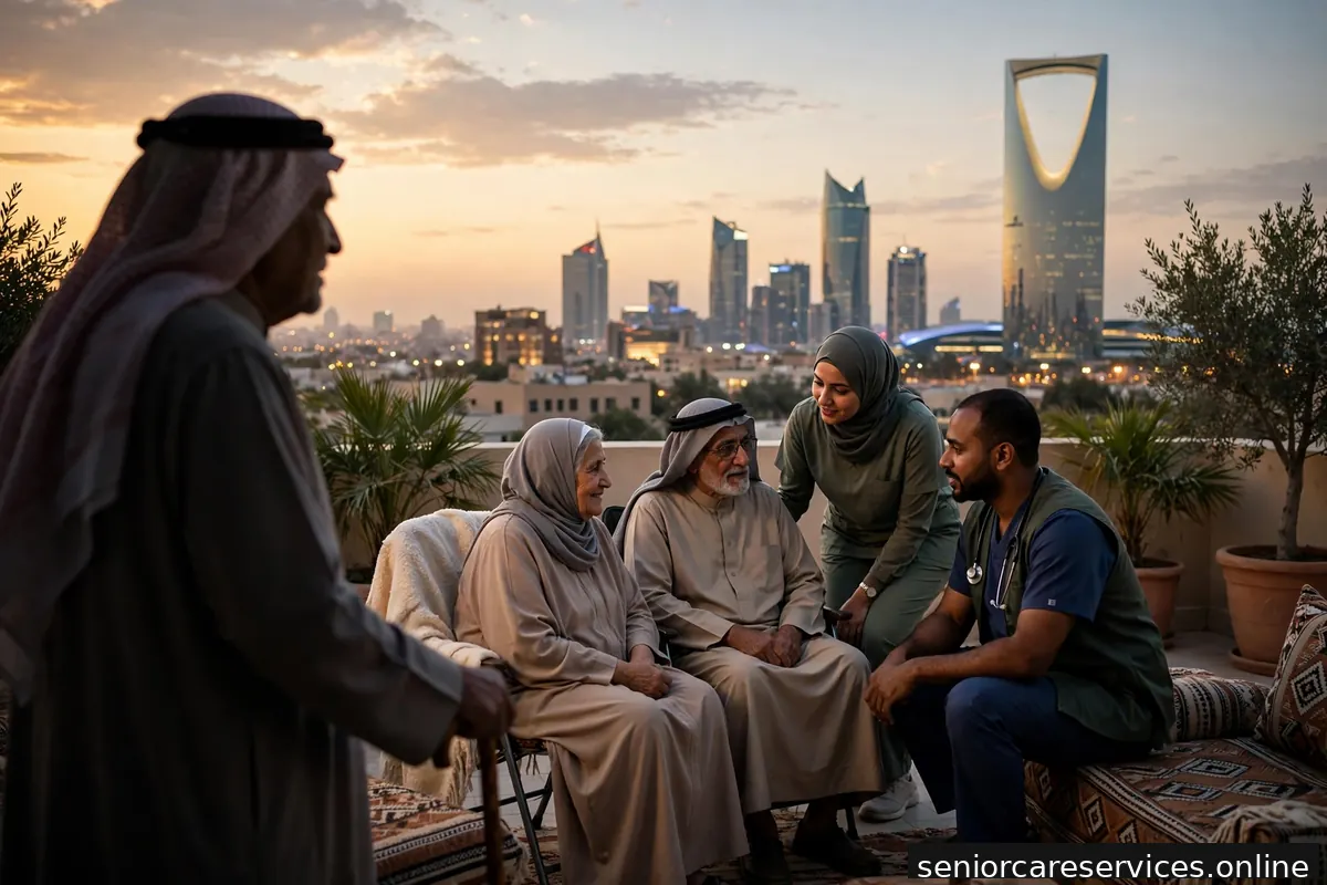 أفق مدينة الرياض وقت الغروب مع ظل شخص مسن يتأمل المدينة.