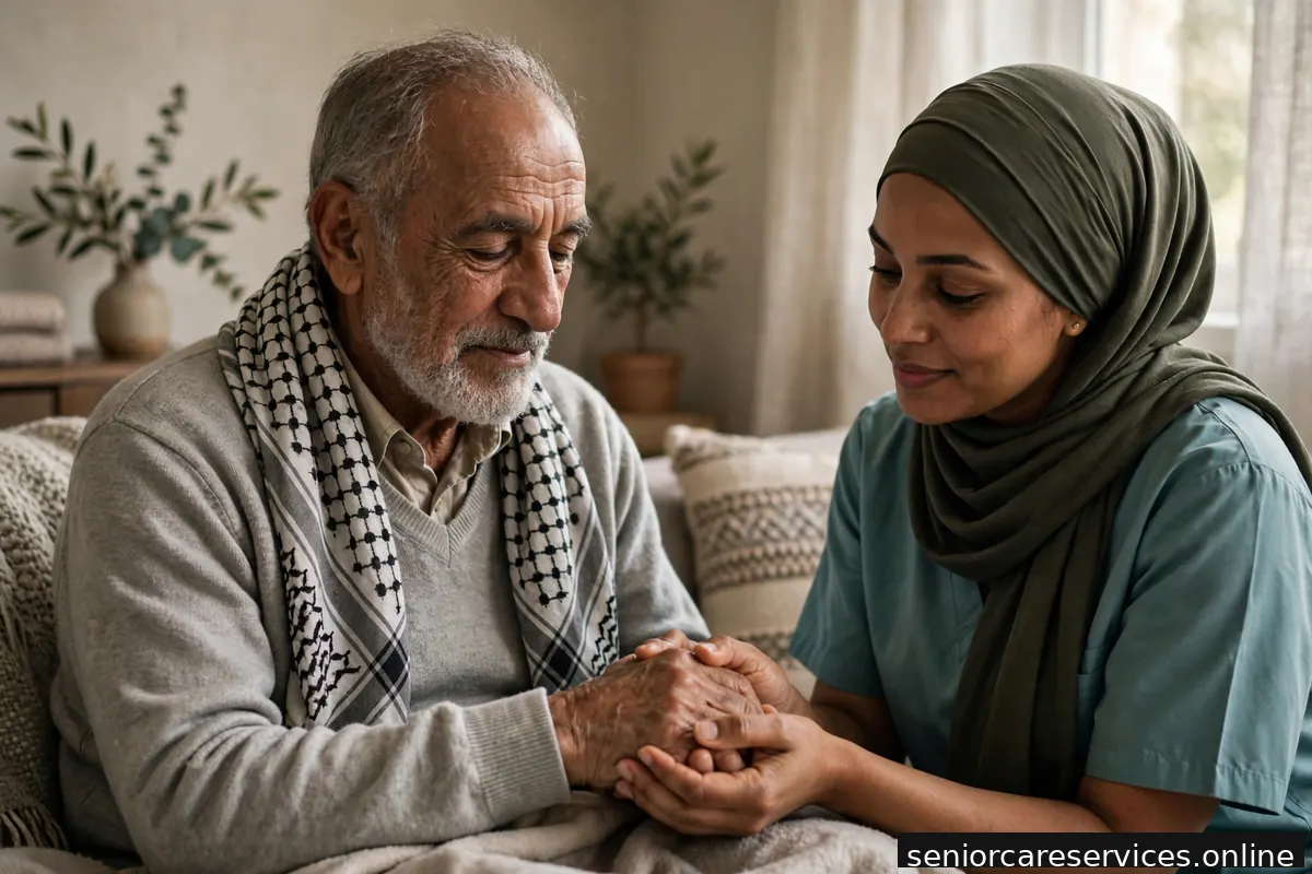 مقدمة رعاية تمسك بيد رجل مسن بلطف في أجواء هادئة ومطمئنة.