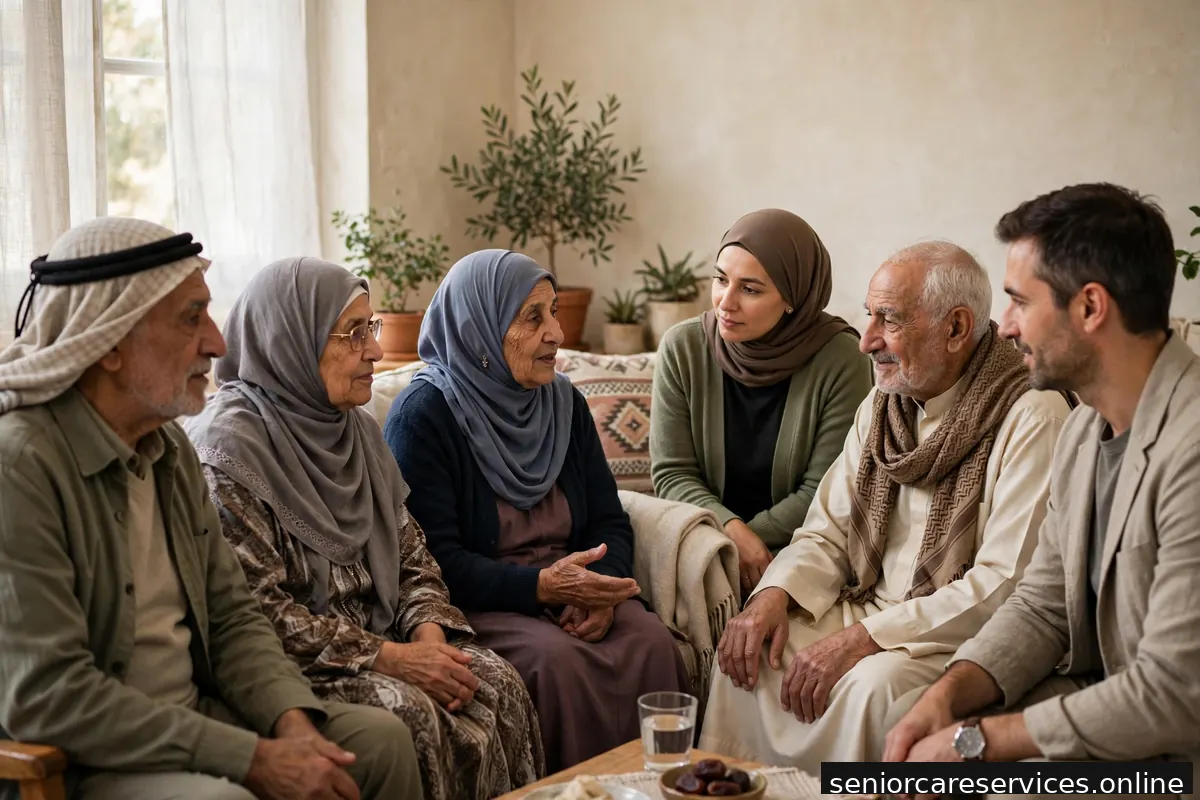 مجموعة من كبار السن يجلسون في دائرة يتحدثون ويدعمون بعضهم.