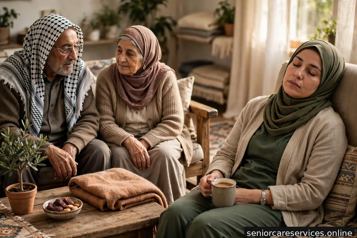 مقدمة رعاية عربية متعبة تأخذ قسطاً من الراحة مع فنجان قهوة.