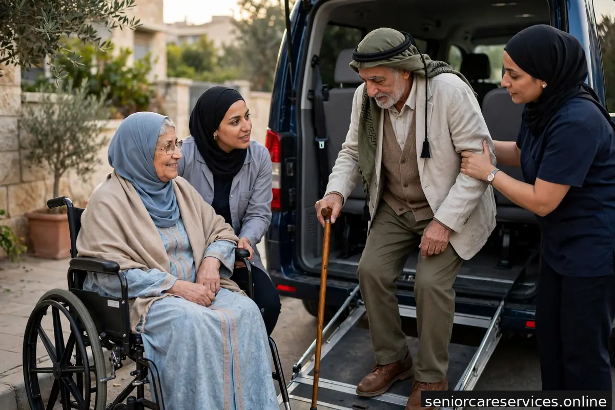 كبير سن يصعد إلى حافلة مجهزة بمساعدة شخص يسانده عند الباب.