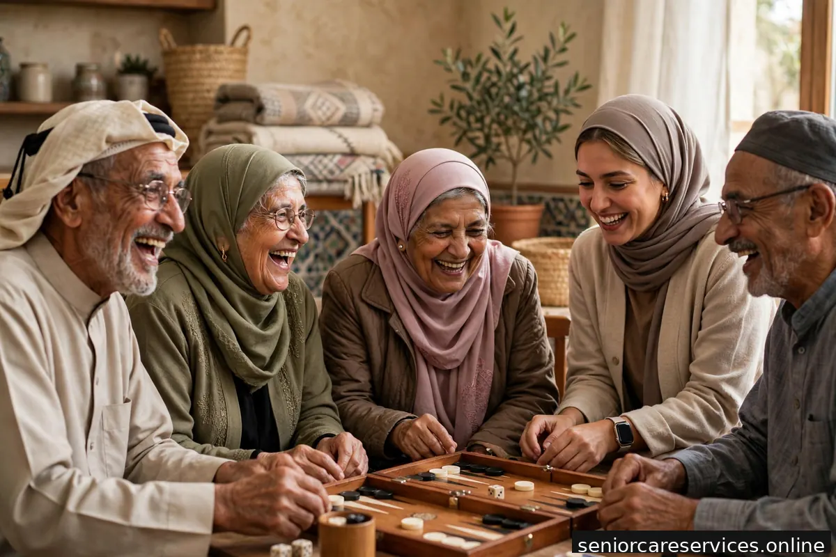 مجموعة من كبار السن العرب يلعبون ألعاب الطاولة معاً ويضحكون بسعادة.