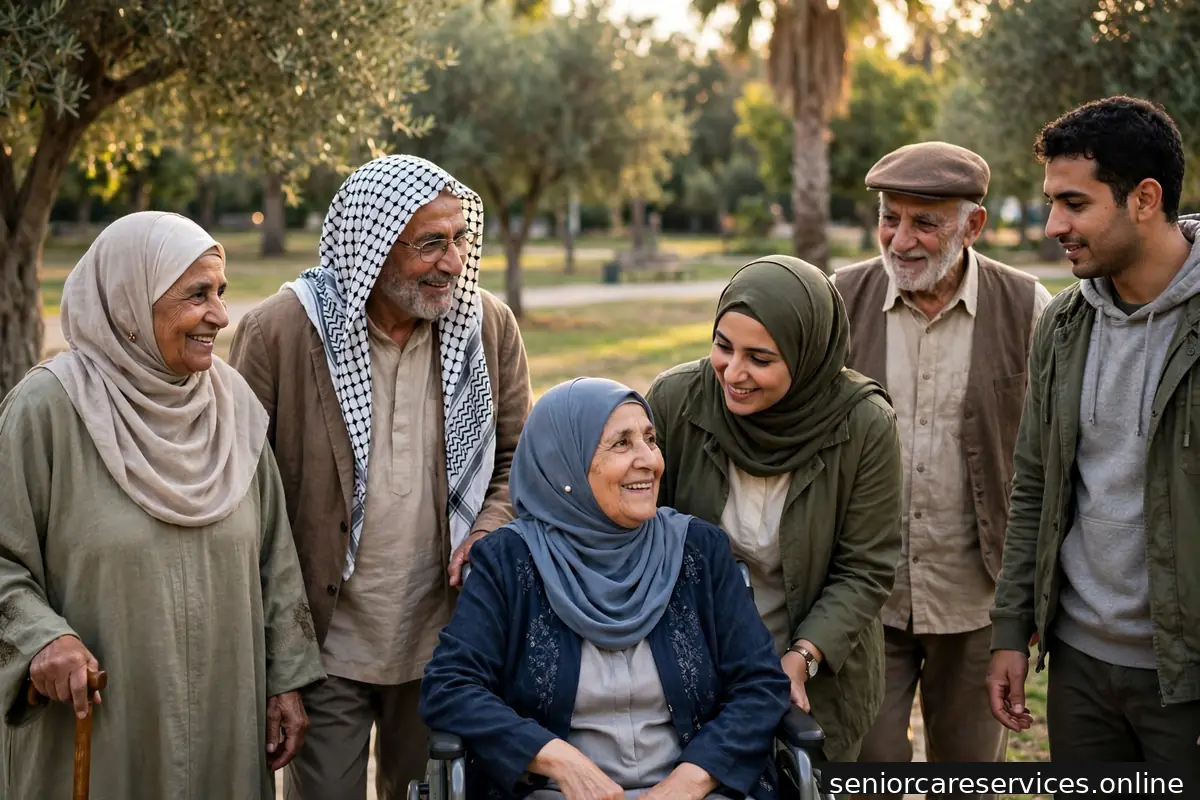 مجموعة من كبار السن في نزهة جماعية في حديقة خضراء.