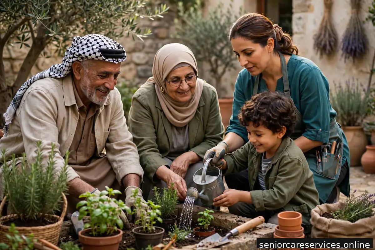 كبير سن يزرع النباتات في الحديقة بمساعدة حفيده الصغير.