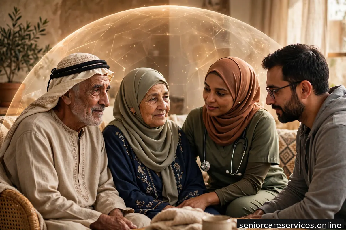 مفهوم درع الحماية يظلل عائلة مع كبير سن في مشهد رمزي مطمئن.