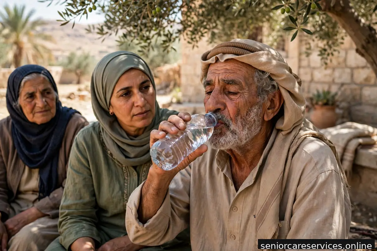 رجل مسن يشرب الماء في الظل في يوم حار لحماية نفسه من الحر.