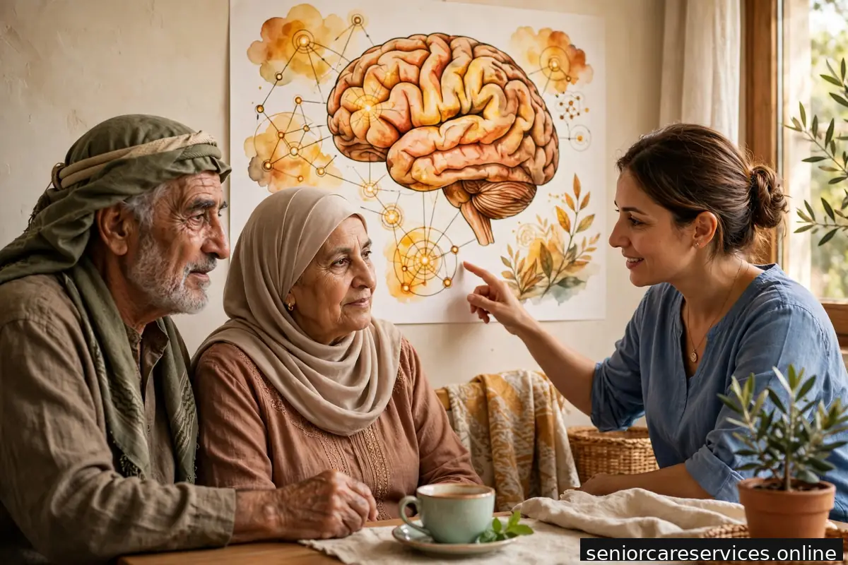 رسم توضيحي للدماغ والذاكرة بألوان دافئة ومطمئنة.