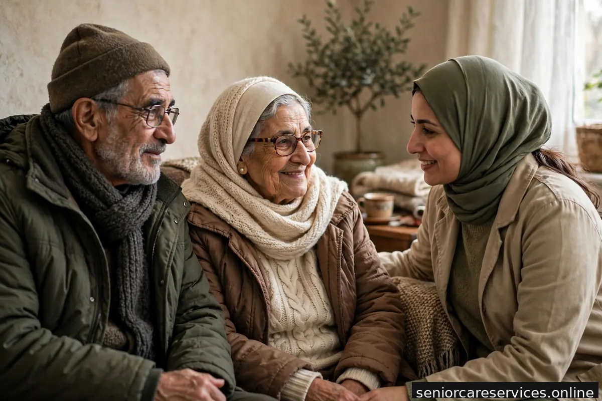 زوجان من كبار السن بملابس شتوية دافئة في أجواء شتوية هادئة.